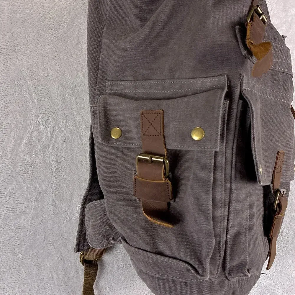 Kattee Backpack Gray Canvas Leather Rucksack Utility Outdoors Hiking Y2K